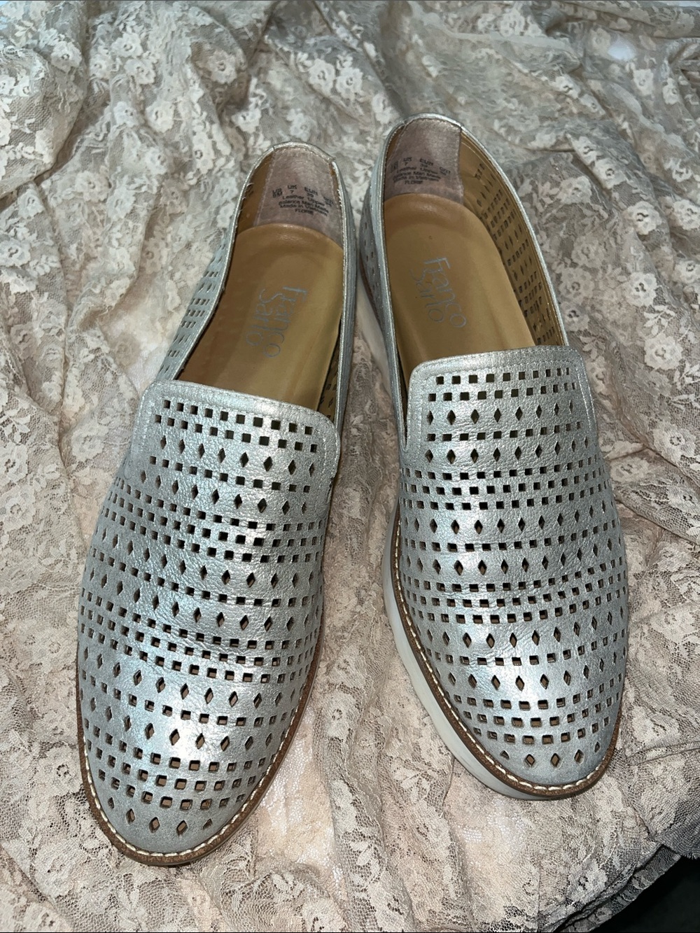 Franco Sarto Metallic Cream Perforated Slip-On Loafers